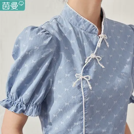 茵曼旗舰店国潮气质牛仔衬衫女2023夏季新款显瘦提花中式国风衬衣图片