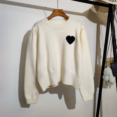 爱心刺绣长袖针织衫毛衣女宽松套头秋冬新款圆领百搭显瘦上衣外穿商品大图