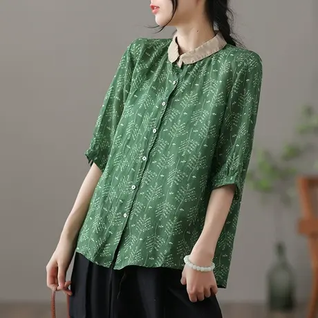 dza 复古娃娃领苎麻短袖衬衫夏薄款宽松棉麻上衣女士半袖气质衬衣图片
