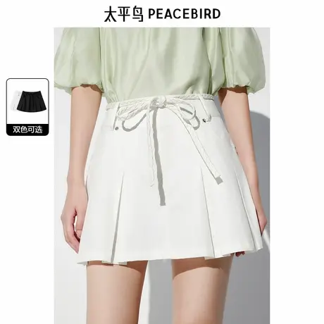 太平鸟 时尚百褶牛仔短裙夏新款女士高腰白色短款半身裙a字裙图片