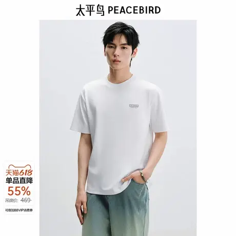 【重磅】太平鸟男装刺绣短袖T恤25夏新款圆领纯色白t时尚青年体恤商品大图