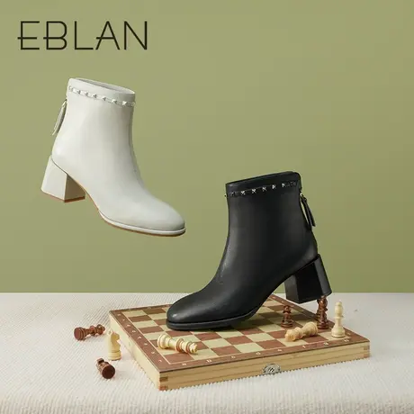 伊伴2022秋冬女鞋粗跟后拉链短靴小香风瘦瘦女靴纯色铆钉时装靴女商品大图