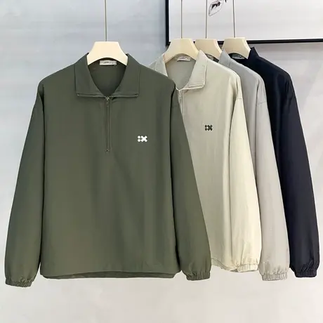 秋季翻领外套男士春秋季半拉链冲锋衣连帽男士休闲工装套头夹克潮商品大图