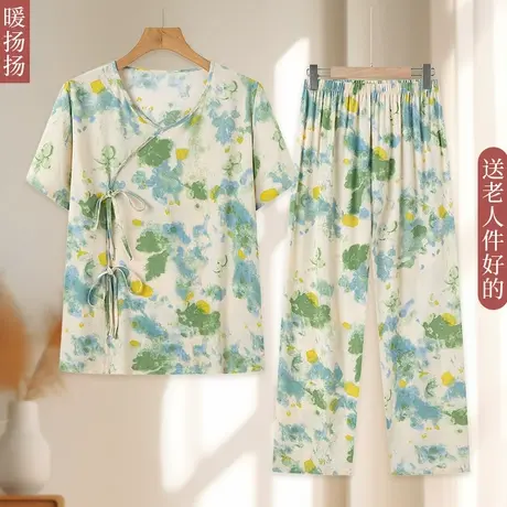 妈妈棉绸睡衣女2025新款夏可外穿国风家居服两件套装中老年大码薄商品大图