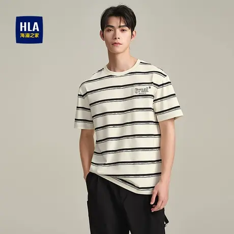 HLA/海澜之家撞色条纹短袖T恤25夏季新圆领时尚字母绣花打底短t男商品大图