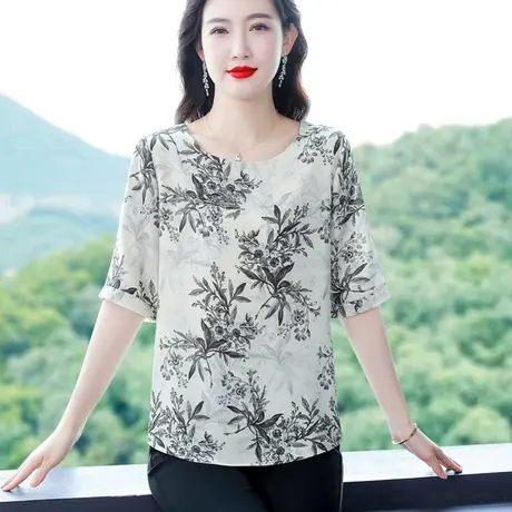 中袖雪纺衫女2023年夏季新款时尚洋气宽松妈妈上衣大码遮肚子显瘦图片