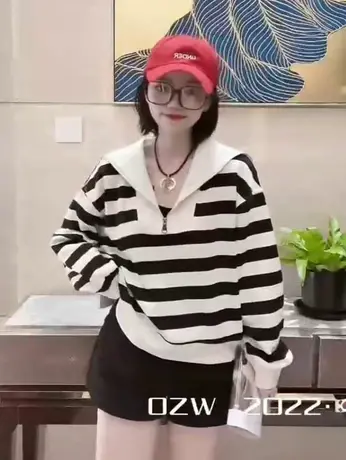 海军领条纹卫衣女2023秋季新款时尚拉链韩版oversize宽松外套上衣商品大图