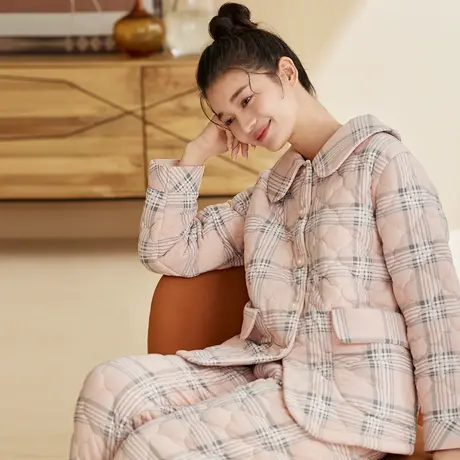 秋鹿秋鹿三层夹棉加绒加厚保暖睡衣女冬款翻领长袖格纹家居服套装商品大图