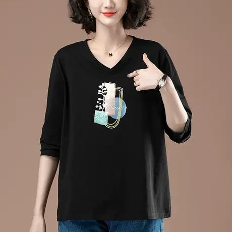 V领长袖t恤女春秋新款加肥加大码女装宽松中年妈妈印花纯棉打底衫商品大图