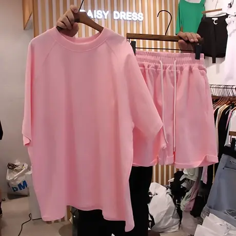 2020夏网红学生纯色两件套运动酷女孩居家休闲套装女宽松ins短袖图片