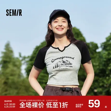 森马短袖T恤女短款紧身小个子显瘦2025夏新款印花插肩袖衣服山系图片