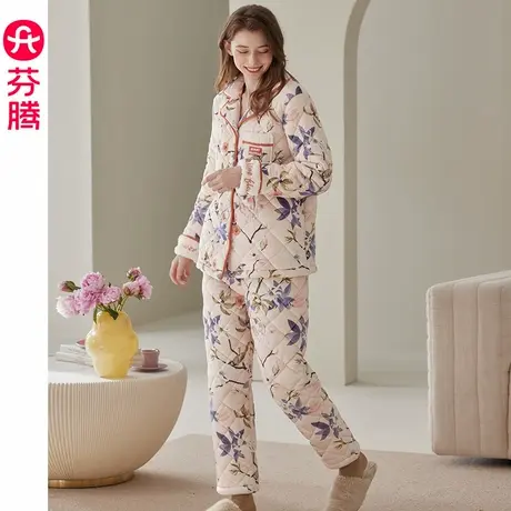 芬腾珊瑚绒夹棉睡衣女冬季保暖三层加厚加绒法兰绒大码家居服套装商品大图