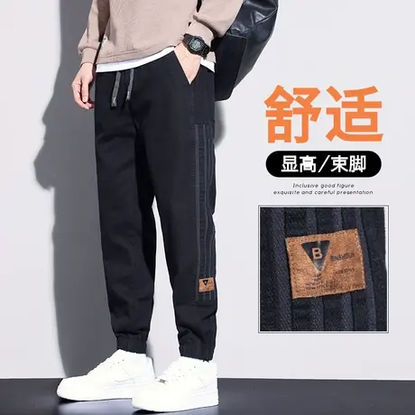 秋季宽松束脚竖条纹哈伦日系工装春秋款男士高街九分休闲裤子男装商品大图