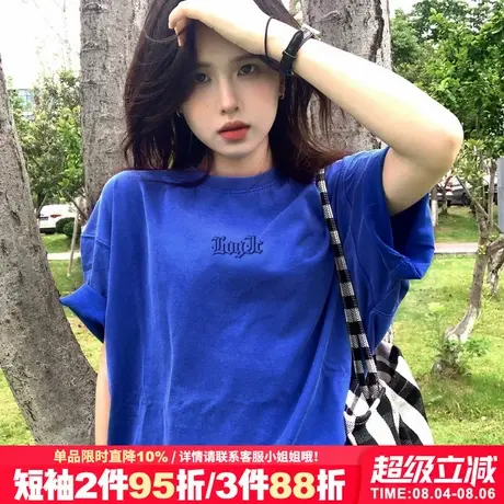 2025夏季新款克莱因蓝短袖t恤女小众设计感潮牌宽松正肩半袖上衣商品大图