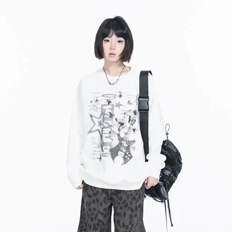 YEP复古印花白色圆领卫衣男女春季新款插肩袖情侣装套头无帽上衣商品大图