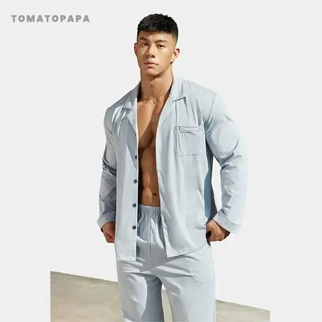 TOMATOPAPA睡衣套装2024新品长袖纽扣开衫纯色棉简约长裤舒适睡裤商品大图