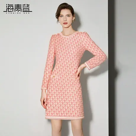 海青蓝法式气质收腰连衣裙2025春装新款时尚印花减龄长袖圆领裙子商品大图