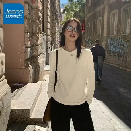 KV真维斯纯棉长袖t恤女早秋宽松休闲打底衫2025新款基础百搭上衣商品大图