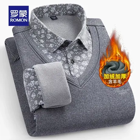 【含羊毛+桑蚕丝】罗蒙男士假两件针织衫2025冬季新款加绒毛线衣商品大图
