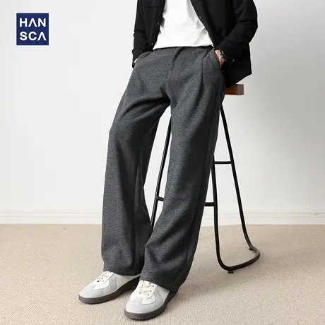 hansca370g绵羊毛直筒垂感休闲裤男秋季高端宽松大码压褶拼接长裤商品大图