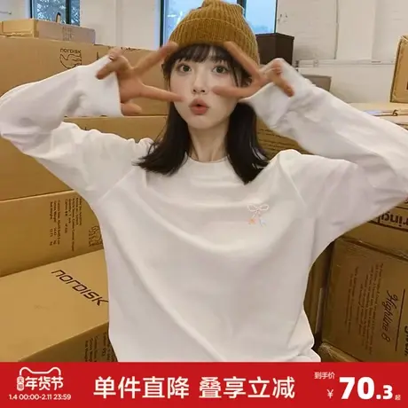 唐狮2026春季新款长袖T恤女印花白色休闲宽松气质温柔早春上衣商品大图