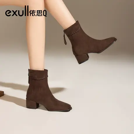 exull/依思Q2025秋冬复古高跟短靴女绒面法式粗跟弹力瘦瘦靴子图片