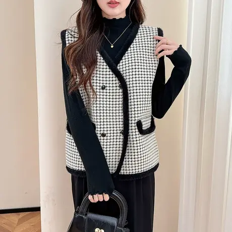 唐狮秋冬季女毛衣千鸟格图案V领开衫马甲气质款通勤穿搭毛线衫tu商品大图