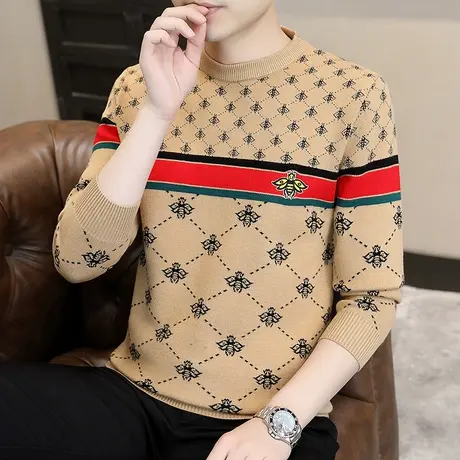 圆领秋冬季男士毛衣加厚保暖提花青少年学生水貂绒针织衫潮流线衣商品大图