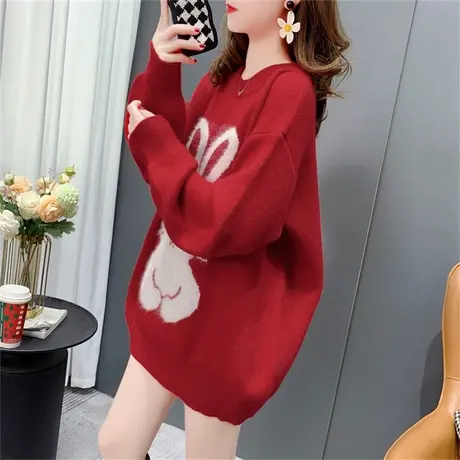 本命年红色圆领毛衣女秋冬2022年新款宽松慵懒风百搭针织衫上衣潮商品大图