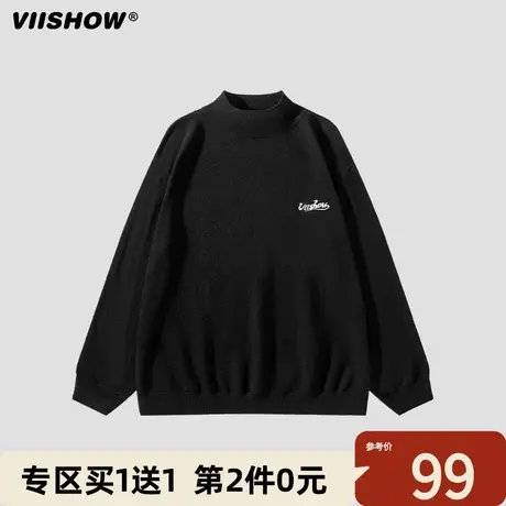 VIISHOW半高领毛衣男秋冬季针织打底衫ins潮牌刺绣款套头情侣衣服商品大图