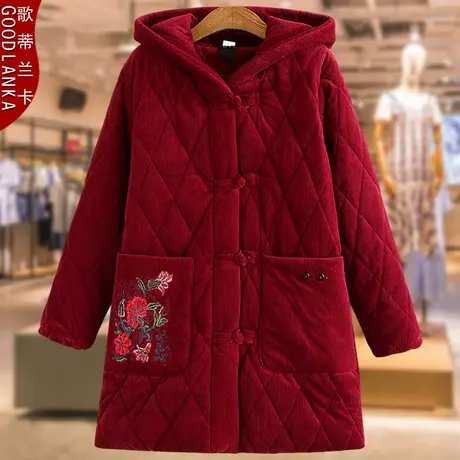 大码妈妈冬装加绒棉袄宽松洋气中长款灯芯绒中老年人加厚棉衣外套商品大图