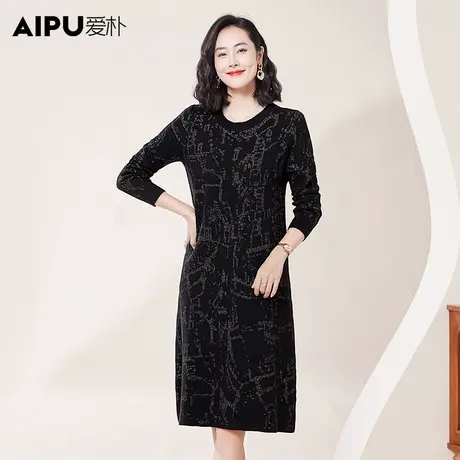 爱朴2023冬季新款气质法式复古印花连衣裙胖mm显瘦休闲收腰遮肚子商品大图