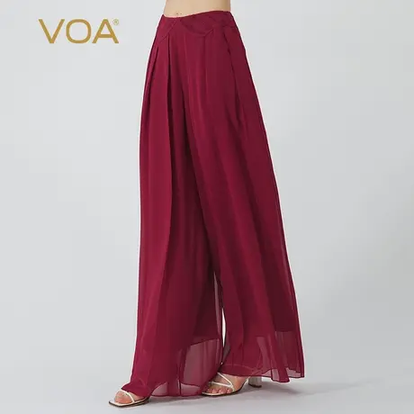 VOA乔其纱桑蚕丝酒红色自然腰塔克褶舒适透气飘逸自然真丝阔腿裤图片