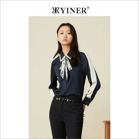YINER音儿专柜女装2022春季新款撞色印花飘带蚕丝衬衫商品大图