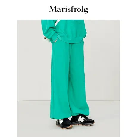 #多巴胺穿搭# 玛丝菲尔冬季松石绿直身脚口抽绳休闲卫裤图片