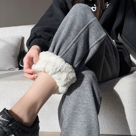 深灰色羊羔毛运动裤女2023新款加绒加厚卫裤宽松休闲哈伦保暖棉裤商品大图