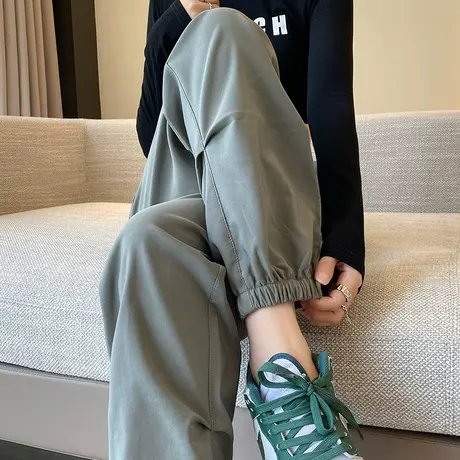 美式辣妹工装裤女春秋季高腰垂感宽松直筒阔腿抽绳束脚休闲拖地裤图片