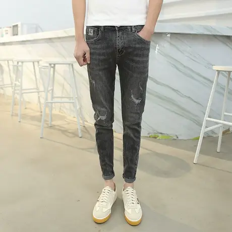 夏季男牛仔裤裤子小脚裤修身学生裤子破洞纯色深色潮流百搭九分裤商品大图