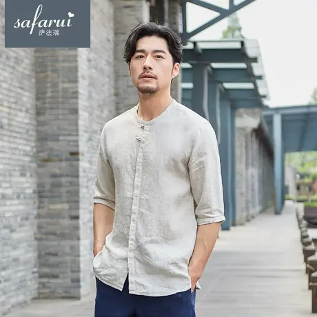 夏季亚麻七分袖休闲衬衫男立领宽松中袖上衣复古棉麻薄款男士衬衣商品大图