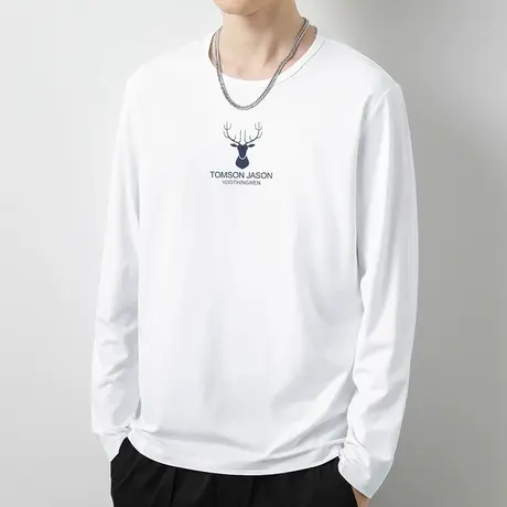 莫代尔白色t恤男长袖秋季潮流内搭打底衫秋衣服鹿头印花小衫体恤商品大图