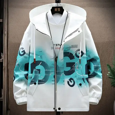 渐变色夹克男秋季新款潮牌宽松工装外套男士潮流百搭连帽冲锋衣服图片