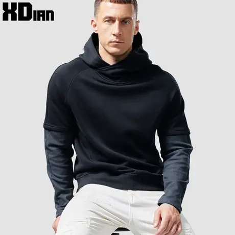 假两件卫衣男士连帽纯棉宽松套头纯色秋冬季拼接撞色带帽上衣帽衫商品大图