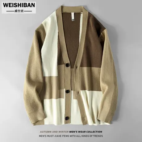 美式v领拼色针织衫开衫男秋冬潮牌oversize设计感宽松慵懒风外套图片
