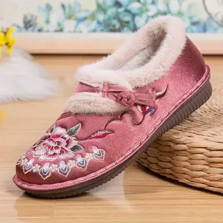 冬季老北京布鞋女加绒加厚保暖民族风绣花鞋防滑软底舒适妈妈棉鞋商品大图