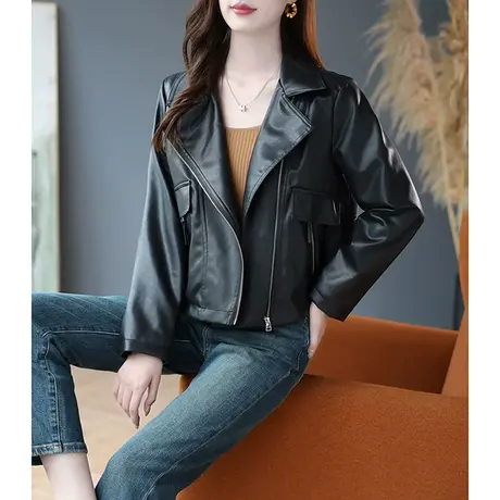 宝诗黎西装领短款皮衣外套女长袖时尚气质拉链上衣2023年秋季新款商品大图