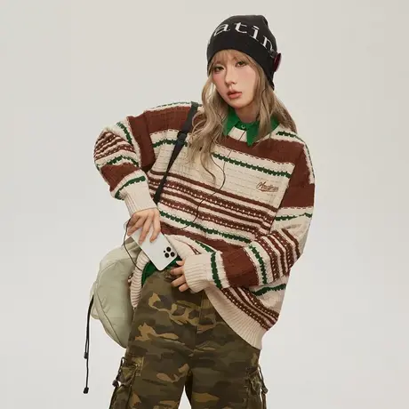 复古慵懒风套头条纹毛衣女秋冬2023新款潮牌宽松设计感针织衫上衣商品大图