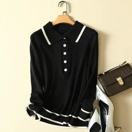 春装女士撞色小方领纽扣黑色针织衫2024新款套头毛衣修身打底衫女商品大图