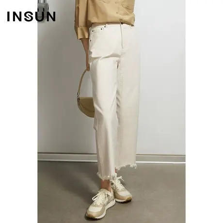 INSUN恩裳秋季米白色磨边毛边牛仔裤商品大图