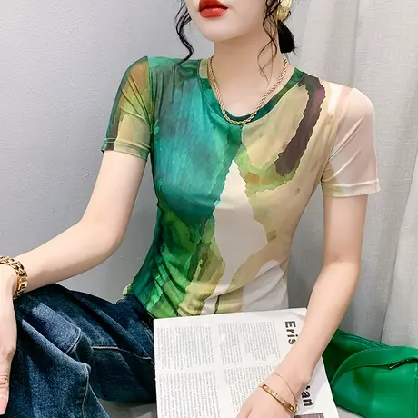 性感网纱上衣女短袖2024夏装新款气质减龄修身小衫设计感拼色T恤图片
