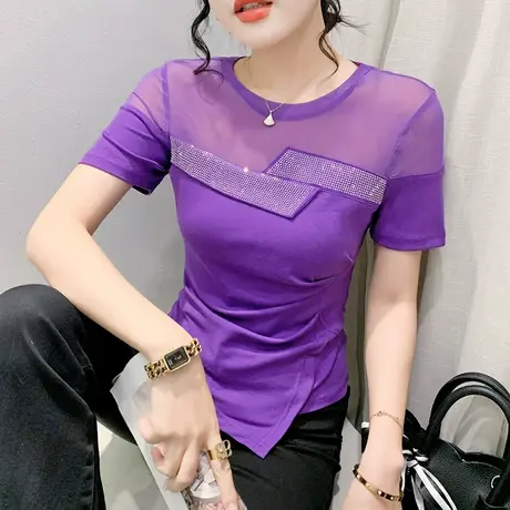 性感镂空短袖上衣女夏季欧货网纱拼接小衫时尚不规则开叉T恤半袖商品大图